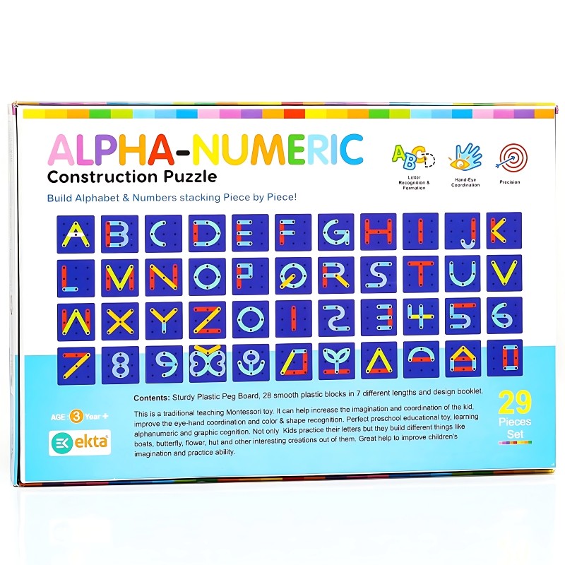 Ekta Alpha Numeric Construction Puzzle – 3D Alphabet & Number Building Set – Educational STEM Toy for Preschoolers – Improves Letter Recognition & Fine Motor Skills – Ages 3+ Years