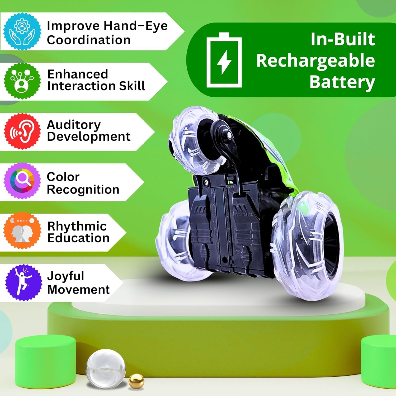Gooyo GY-0242 Rechargeable Stunt Car for Kids – 360° Tornado Rotation & Reverse Drive Function – Remote Control Car with LED Lights, Music & Demo Mode – USB Charging (Assorted Color) - Pack of 1