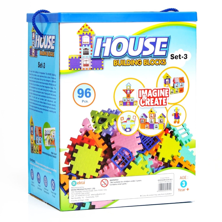 Ekta House Building Blocks with Windows Set-3 – 96 Piece Big Size Interlocking Blocks – Educational STEM Toy for Creative House Building – Includes Windows & Doors – Ages 3+ Years