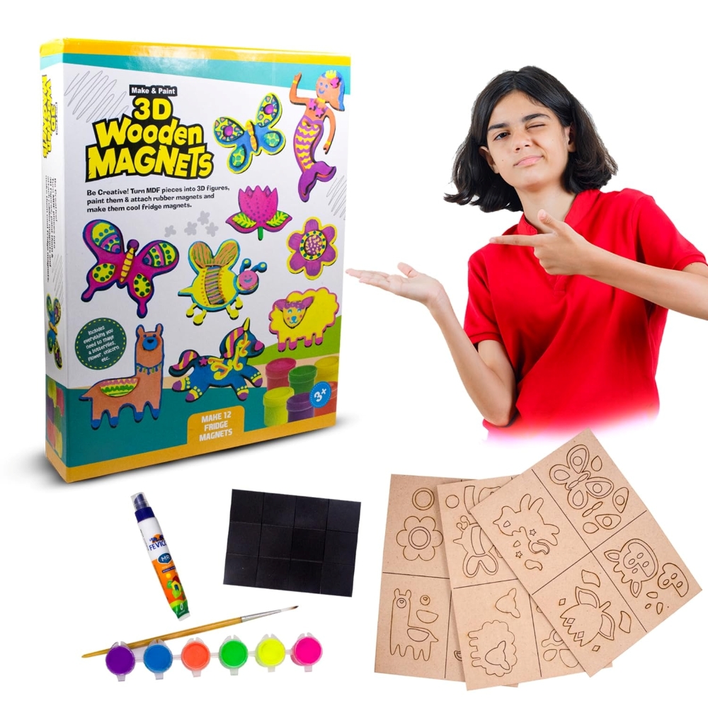 Ekta Make & Paint 3D Wooden Magnets DIY Craft Kit – Complete Arts & Crafts Set for Kids – Includes Wooden Shapes, Paints & Magnets – Creative STEM Activity for Boys & Girls Ages 5+