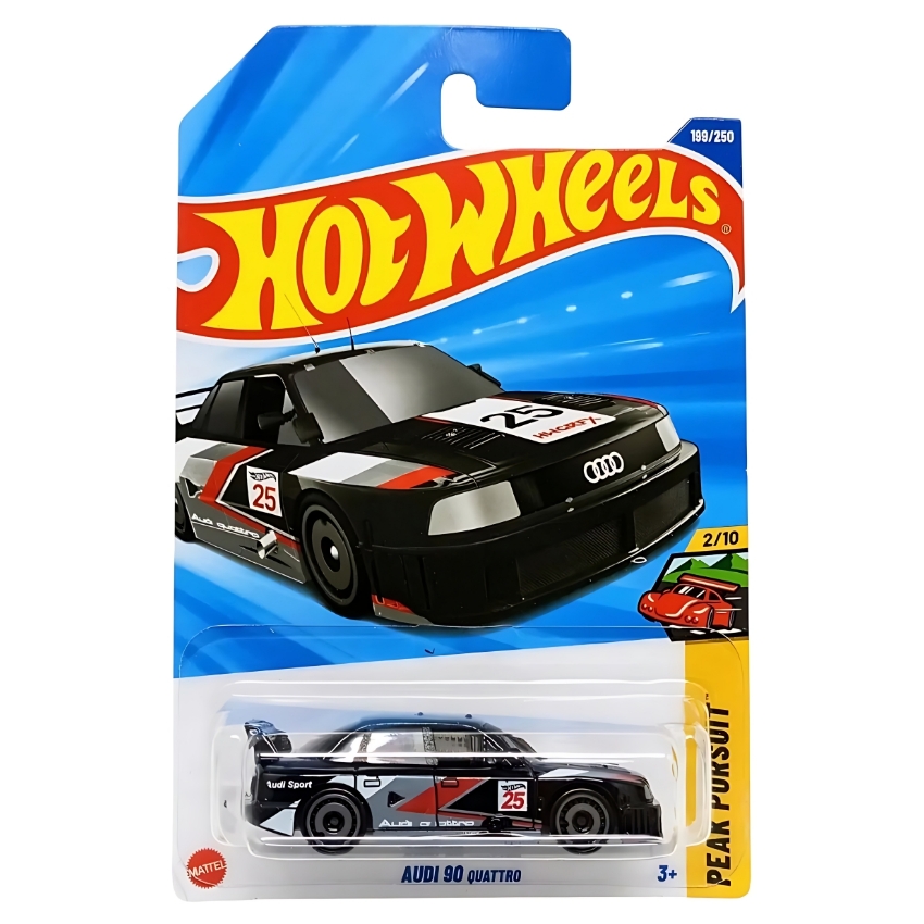 Hot Wheels 2025/2026 Audi 90 Quattro (Black) – #199 Peak Pursuit – Detailed 1:64 Scale Die-Cast – White AeroDisc Wheels – Audi Sport Graphics – Collector’s Edition