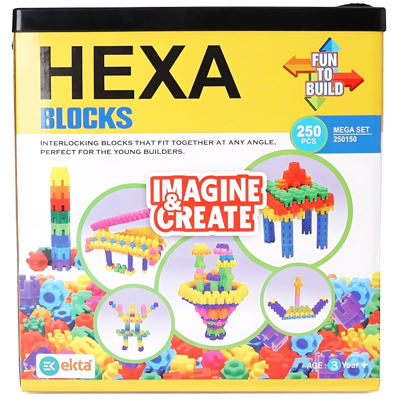 Ekta Hexa Blocks Mega Set – 250 Piece Interlocking Building Blocks – Creative STEM Construction Toy – Large 3D Hexagonal Connector Set for Kids – Ages 3+ Years