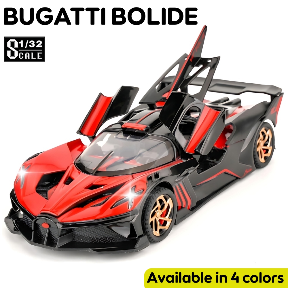 JINCHEJIANG® Bugatti Bolide 1:32 Realistic Diecast Metal Pull-Back Car – Includes Sound & Lights – Openable Doors – Collector's Edition