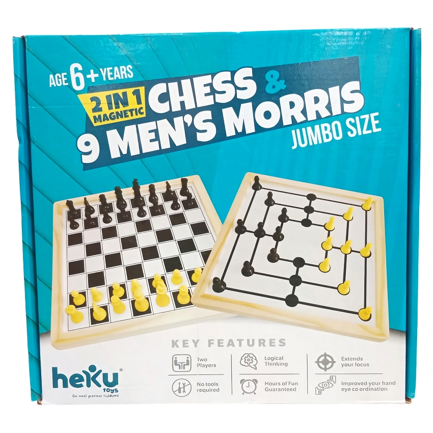 heKu 2-in-1 Magnetic Chess & 9 Men's Morris Jumbo Size – Large Wooden Reversible Strategy Board Game – Premium Handcrafted Set with Magnetic Pieces – Ages 6+ Years