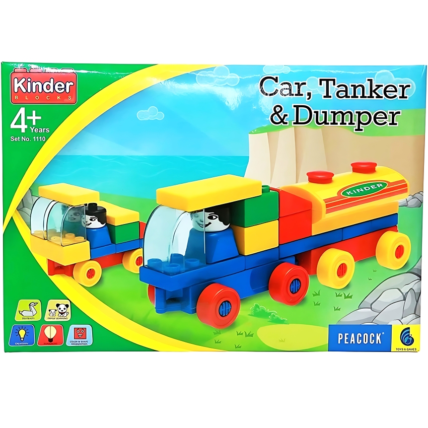 Peacock Kinder Blocks Car, Tanker & Dumper Set – 30 Piece Interlocking Vehicle Building Toy – 3-in-1 Construction Set for Toddlers – STEM Educational Blocks for Kids Ages 4+