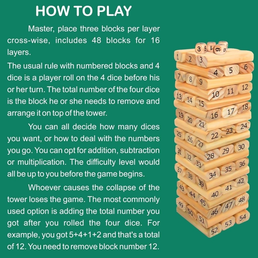 heKu Wooden Block Master 48 PCS – Classic Stacking Tower & Tumbling Game – Premium Handcrafted Wooden Building Blocks for Kids & Adults – Strategy & Skill Toy – Ages 3+