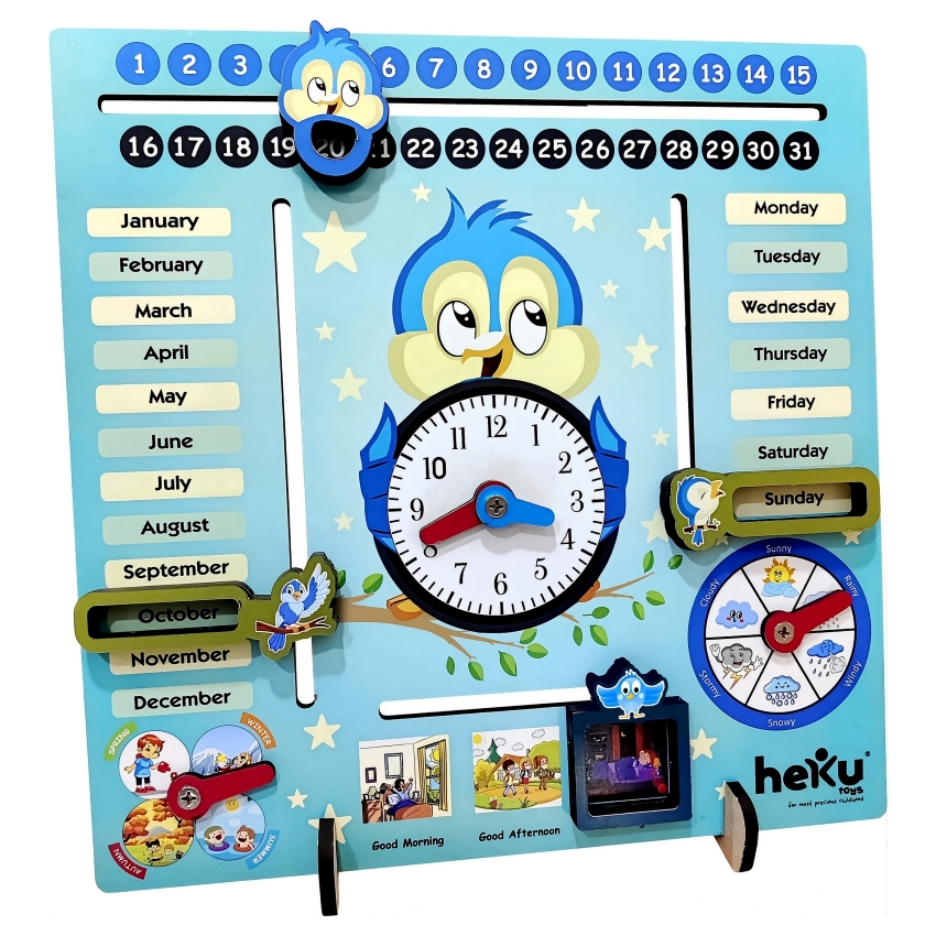 heKu 7-in-1 Wooden Educational Activity Clock – All-in-One Calendar Board for Kids – Learn Time, Days, Months, Seasons & Weather – Montessori STEM Toy – Ages 6+ Years