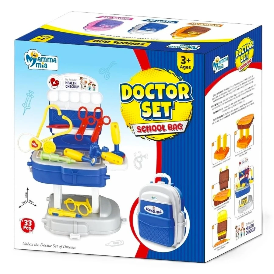 Mamma Mia 33 Pcs Doctor Set School Bag Toy – Kids Convertible Pretend Medical Backpack in Blue (Ages 3+)