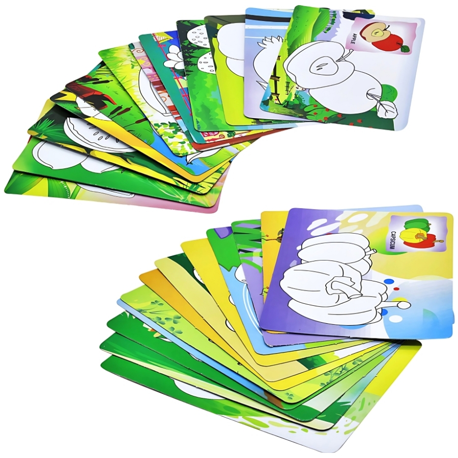 Ekta 2-in-1 Colour & Wipe Fruits & Vegetables – 24 Reusable Cards with 12 Crayons & Duster – Educational Preschool Picture-Word Recognition Game – Mess-Free Sensory Toy for Kids Ages 3+