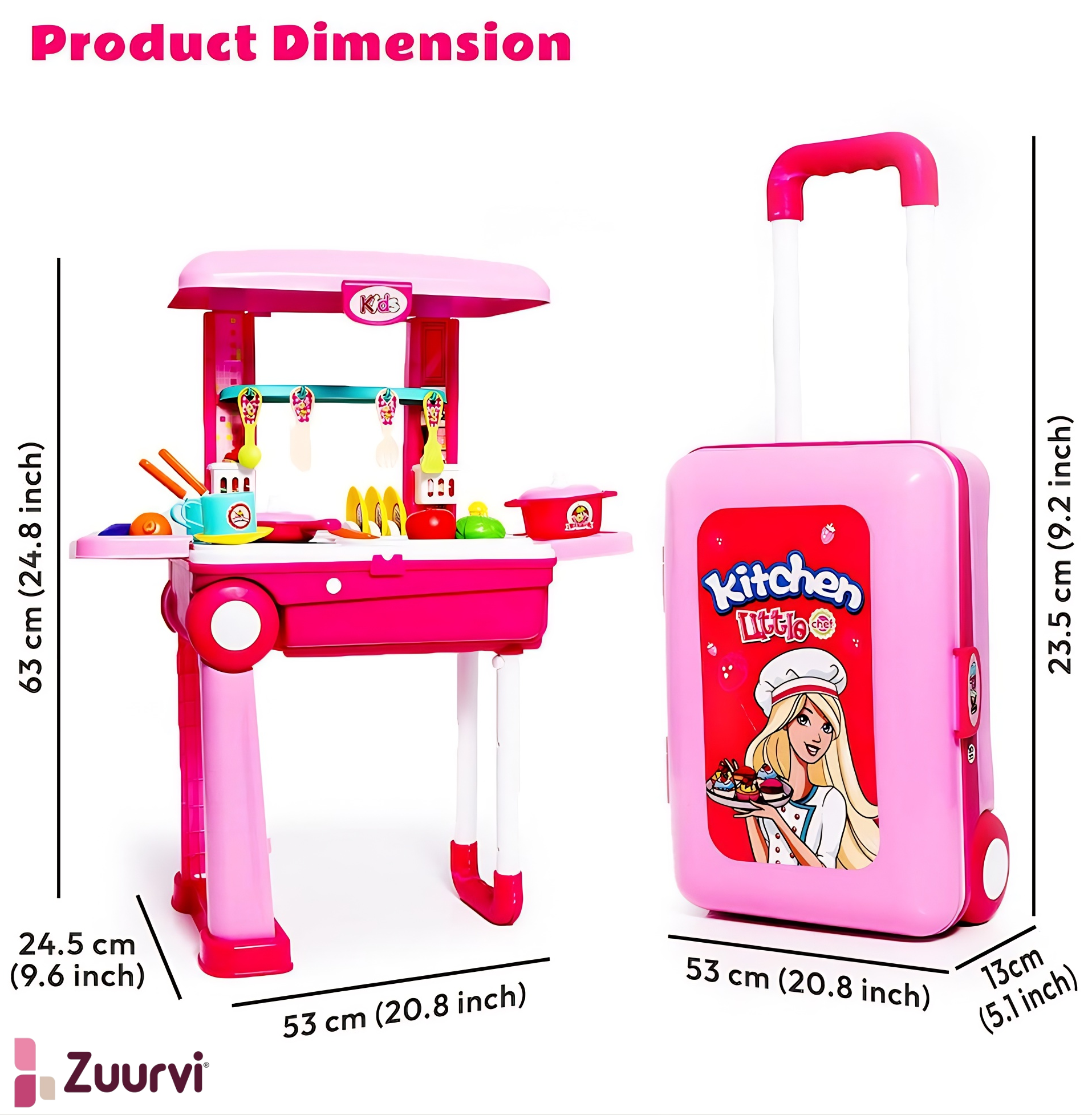 Zuurvi® 2-in-1 Little Chef Kitchen Playset – Portable Suitcase & Rolling Trolley for Kids with Light & Sound – Interactive Pretend Play Cooking Set with 25+ Accessories – Pink