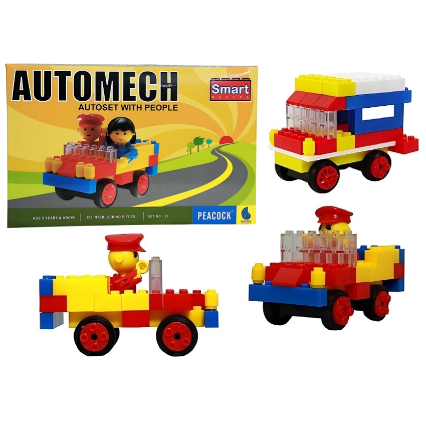 Peacock Smart Blocks Automech – 125 Piece Premium Interlocking Blocks – 3D Vehicle Building Set with People Figures – STEM Educational Toy for Kids – Ages 4+ Years