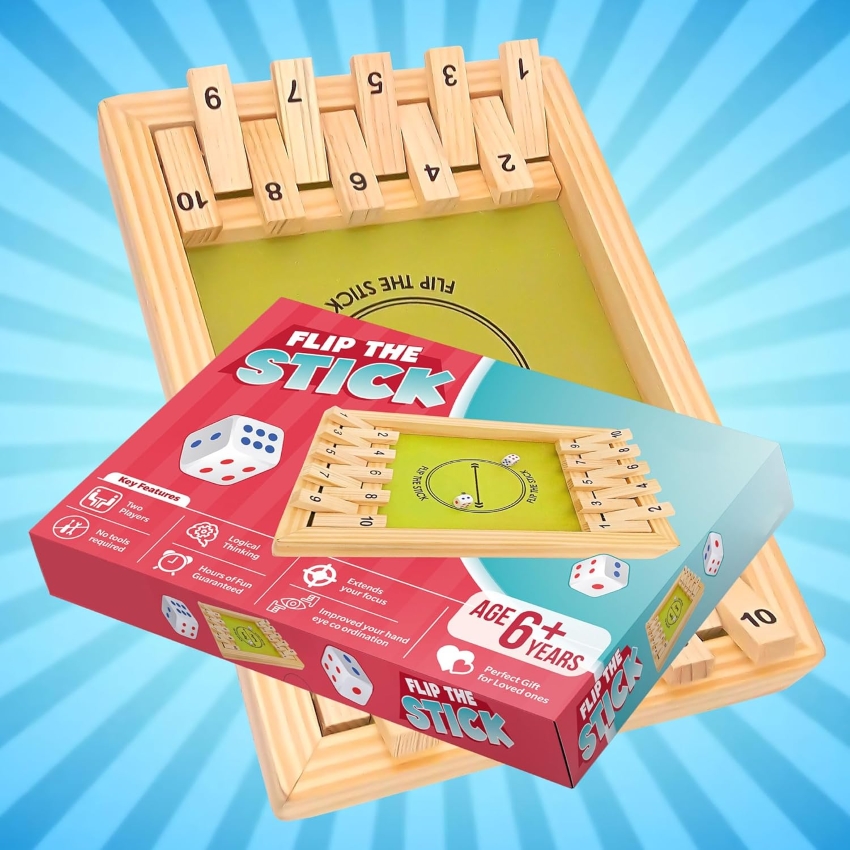heKu Flip the Stick Wooden Board Game – 2 Player Shut the Box Dice Game – Fast-Paced Math & Strategy Toy for Kids & Adults – Premium Handcrafted Wood – Ages 6+ Years