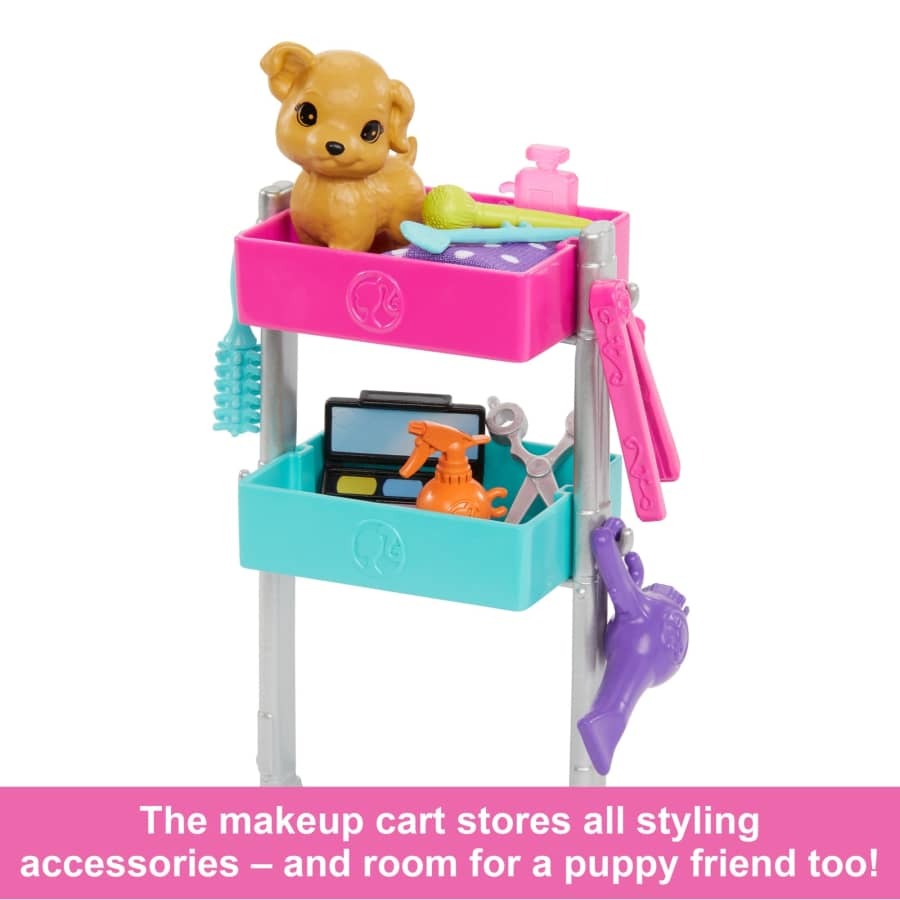 Barbie Malibu Stylist Doll Playset - 15 Pieces Total - Professional Hair & Makeup Salon Theme with Vanity Cart, Pet Puppy & Beauty Tools - Creative Career Toy for Kids Ages 3+