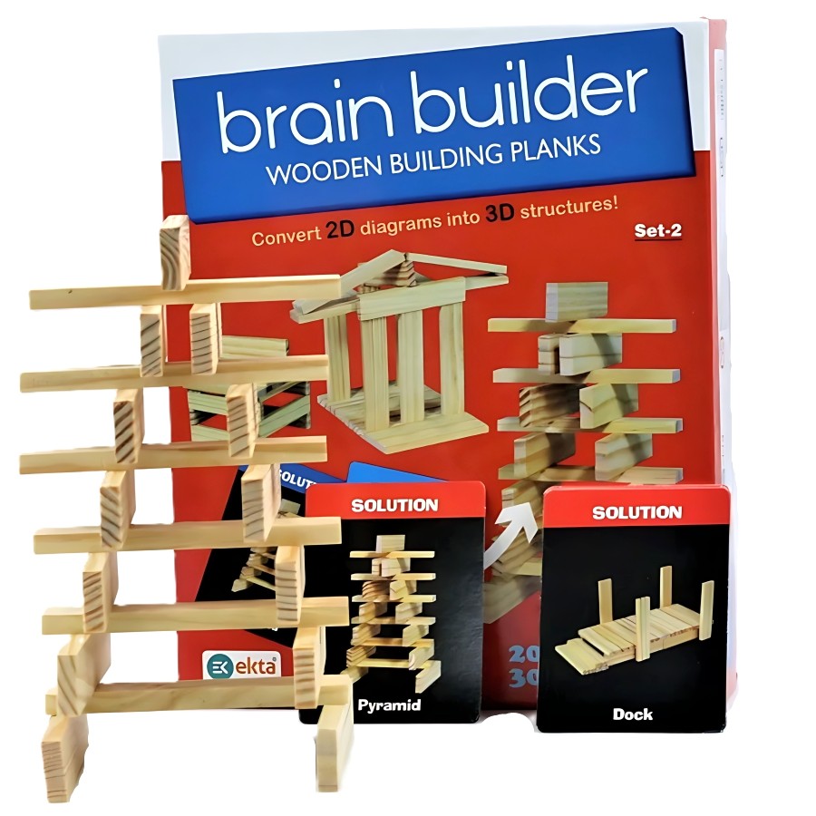 Ekta Brain Builder Wooden Building Planks Set-2 – 50 Pcs Advanced STEM Construction Toy – 20 Precision Wood Planks & 30 3D Puzzles – Montessori Educational Gift for Critical Thinking – Ages 7 to 10 Years