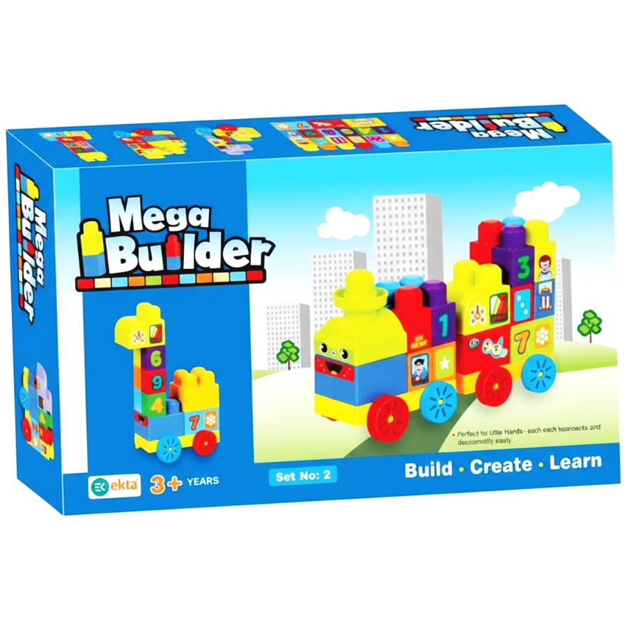 Ekta Mega Builder Set 2 – 37 Piece Educational Building Blocks – STEM Construction Toy with Train Wheels & Number Stickers – Early Learning Bricks for Kids Ages 3 to 6 Years