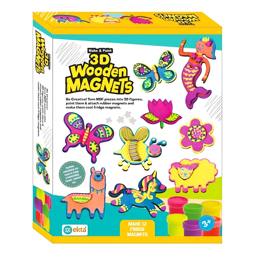 Ekta Make & Paint 3D Wooden Magnets DIY Craft Kit – Complete Arts & Crafts Set for Kids – Includes Wooden Shapes, Paints & Magnets – Creative STEM Activity for Boys & Girls Ages 5+