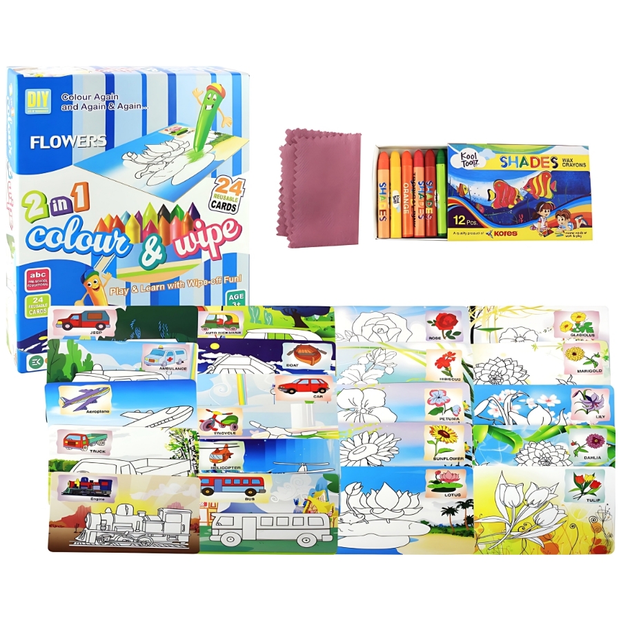 Ekta 2-in-1 Colour & Wipe Flowers & Transport Kit – 24 Reusable Cards with 12 Crayons & Duster – Educational Preschool Picture-Word Recognition Game – Mess-Free Sensory Toy for Kids Ages 3+