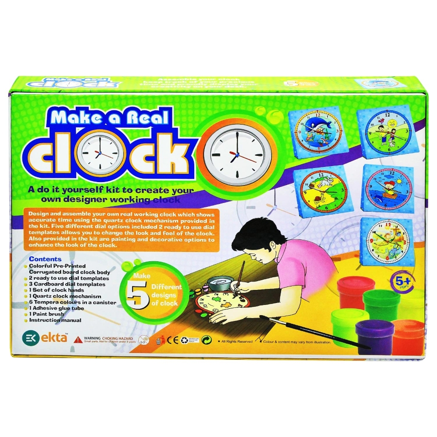 Ekta Make a Real Clock DIY Kit for Kids – Build Your Own Working Quartz Clock – Includes 5 Unique Dial Designs, Painting & Decorating Kit – STEM Educational Toy for Learning Time – Ages 5+