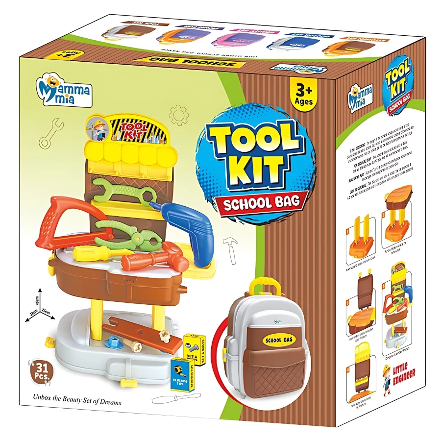Mamma Mia 31 Pcs Tool Kit School Bag Toy – Kids Convertible Pretend Mechanic Backpack with Toy Wrench & Hammer (Ages 3+)