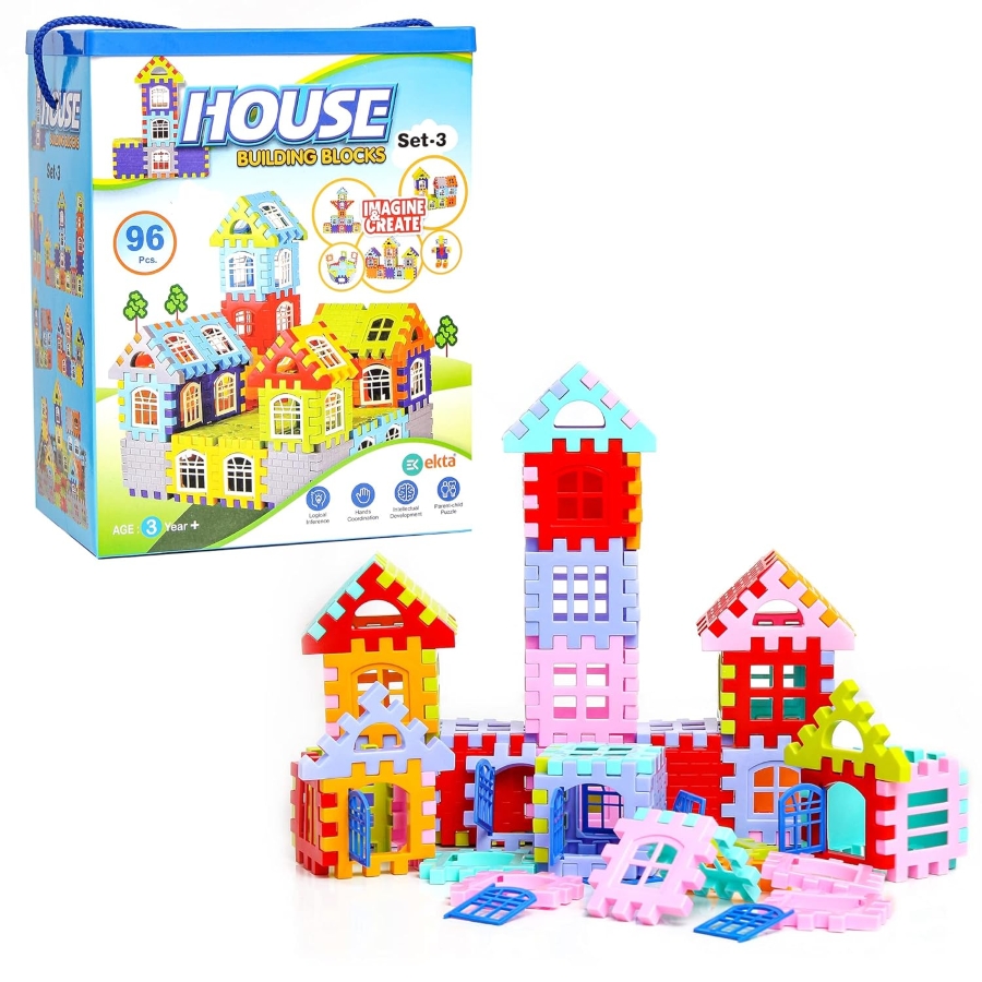 Ekta House Building Blocks with Windows Set-3 – 96 Piece Big Size Interlocking Blocks – Educational STEM Toy for Creative House Building – Includes Windows & Doors – Ages 3+ Years