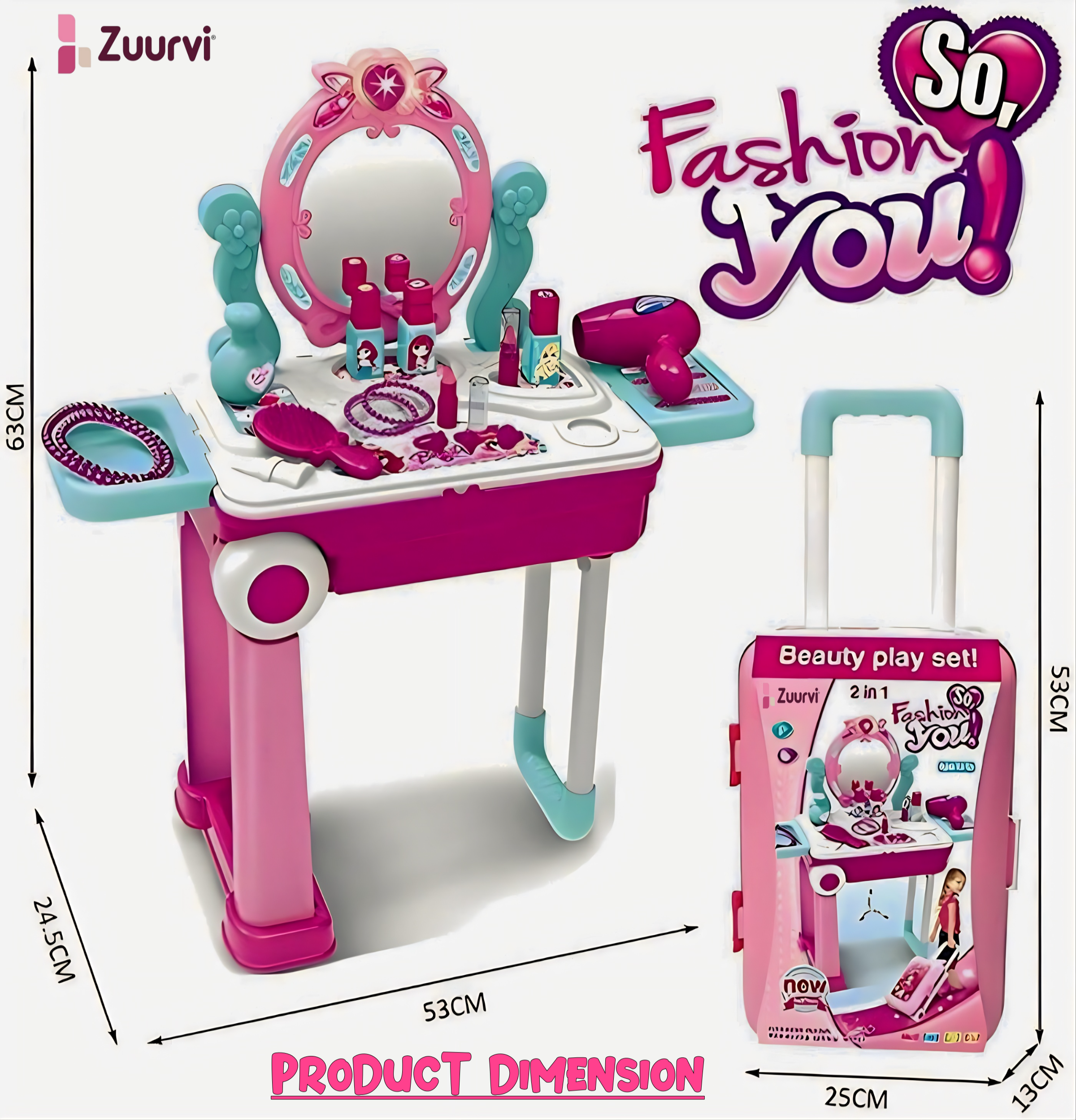 Zuurvi® Portable Fashion Suitcase Vanity Set - 2-in-1 Rolling Trolley Makeup Kit for Toddlers - Interactive Beauty Toy with Light, Sound & 30+ Accessories - Best Birthday Gift for Girls