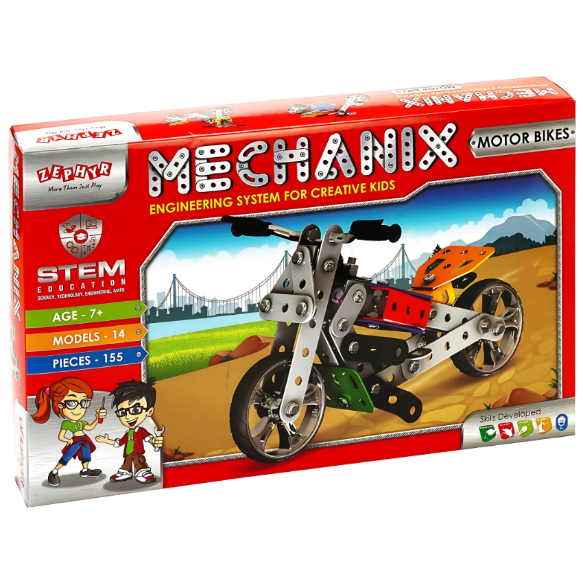 Zephyr Mechanix Motor Bikes STEM Building Set – 155 Pieces – 14-in-1 DIY Metal Construction Toy for Kids Ages 7+ – Engineering & Skill Development Kit – Builds 14 Motorcycle Models