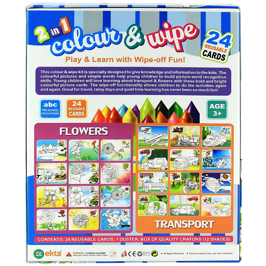 Ekta 2-in-1 Colour & Wipe Flowers & Transport Kit – 24 Reusable Cards with 12 Crayons & Duster – Educational Preschool Picture-Word Recognition Game – Mess-Free Sensory Toy for Kids Ages 3+