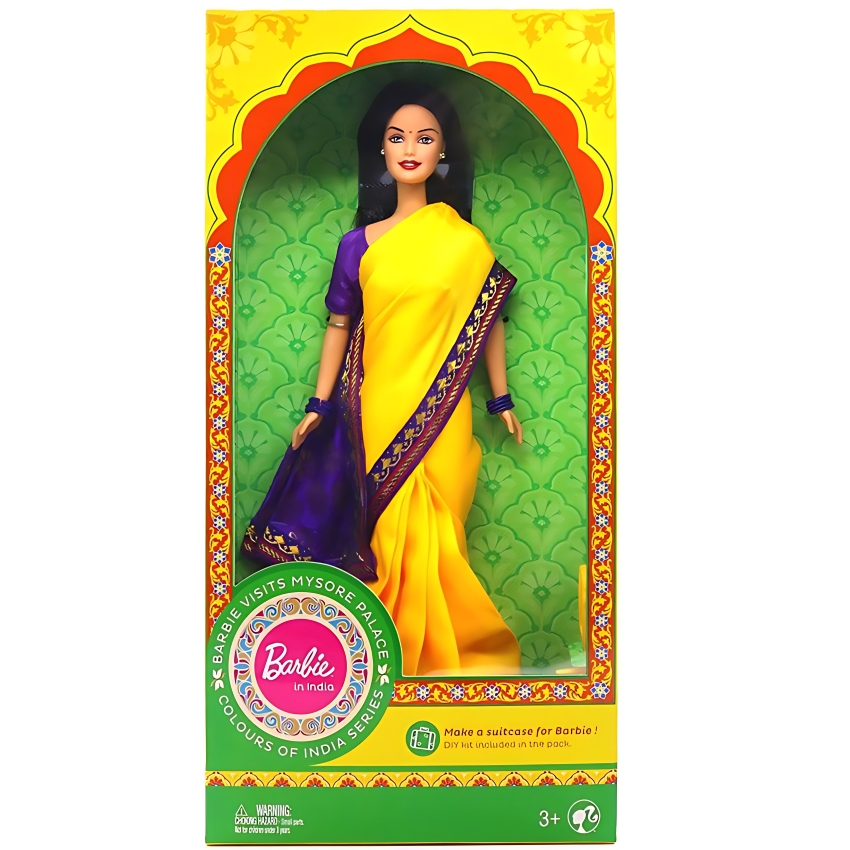 Barbie Visits Mysore Palace (India) – 12-inch Ethnic Indian Doll in Vibrant Yellow & Blue Saree – Travel Series Storytelling Toy – Perfect Cultural Gift & Souvenir for Kids – Authentic Design