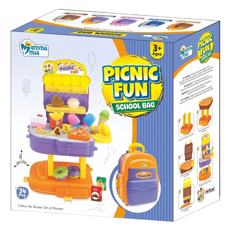 Mamma Mia 34 Pcs Picnic Fun School Bag Toy – Kids Convertible Pretend Play Food Backpack with Mini Plates & Utensils (Ages 3+)