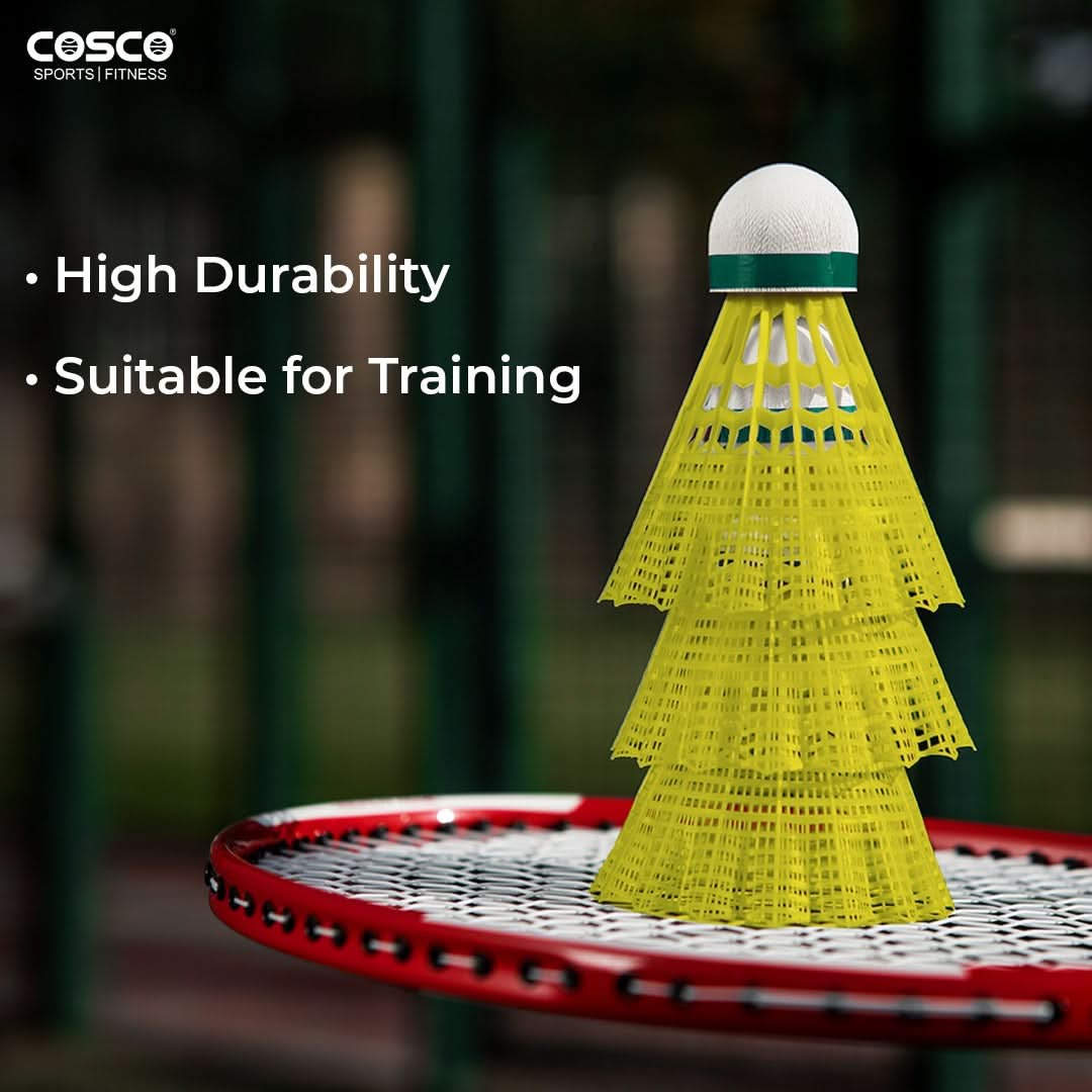Cosco Aero 777 Nylon Shuttlecock (Pack of 6) – Training Grade Shuttle with Natural Cork Base – High Aerodynamic Stability & Flight Predictability – Durable Yellow Synthetic Shuttles