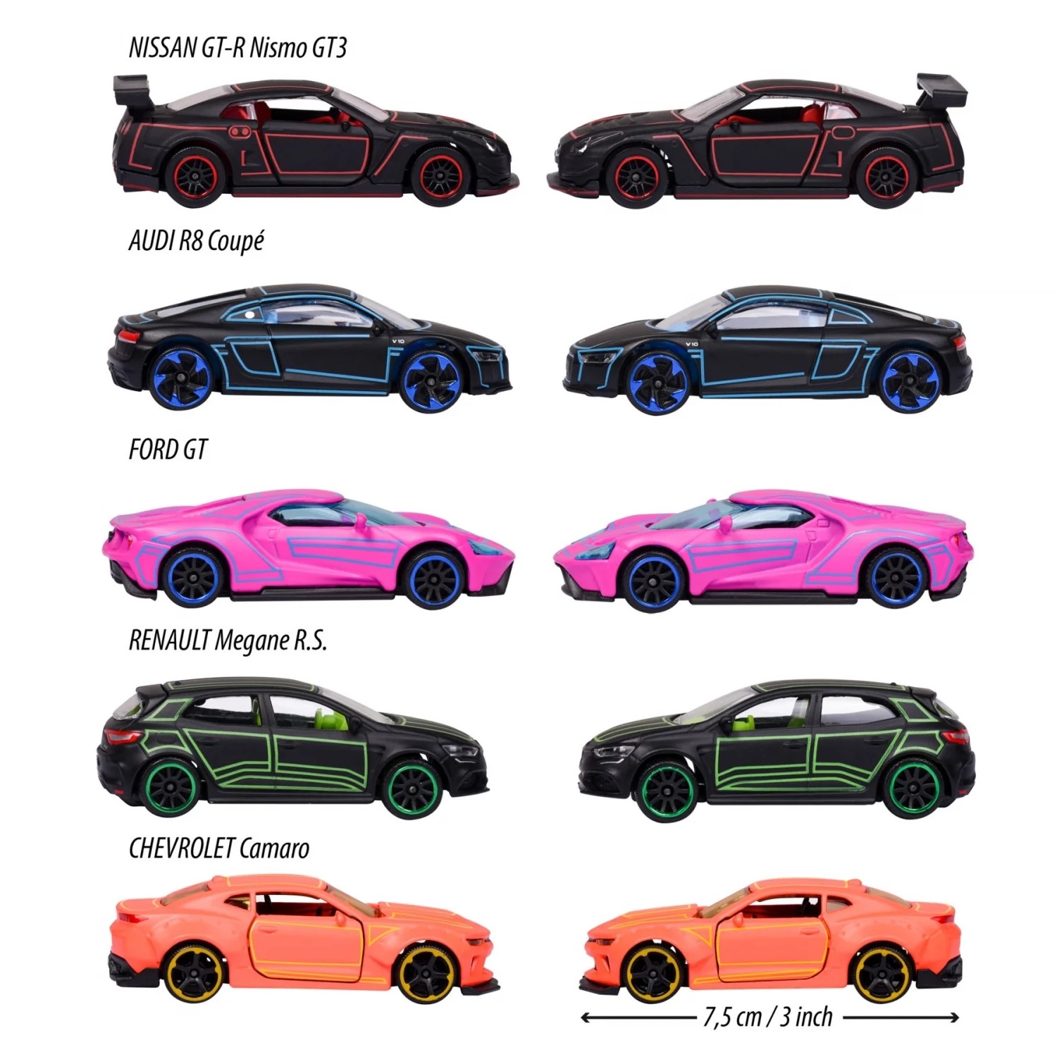 Majorette Light Racer Diecast Toy Car Gift Set (Pack of 5) – 1:64 Scale Neon Racing Models for Kids & Collectors – Official Licensed Collection