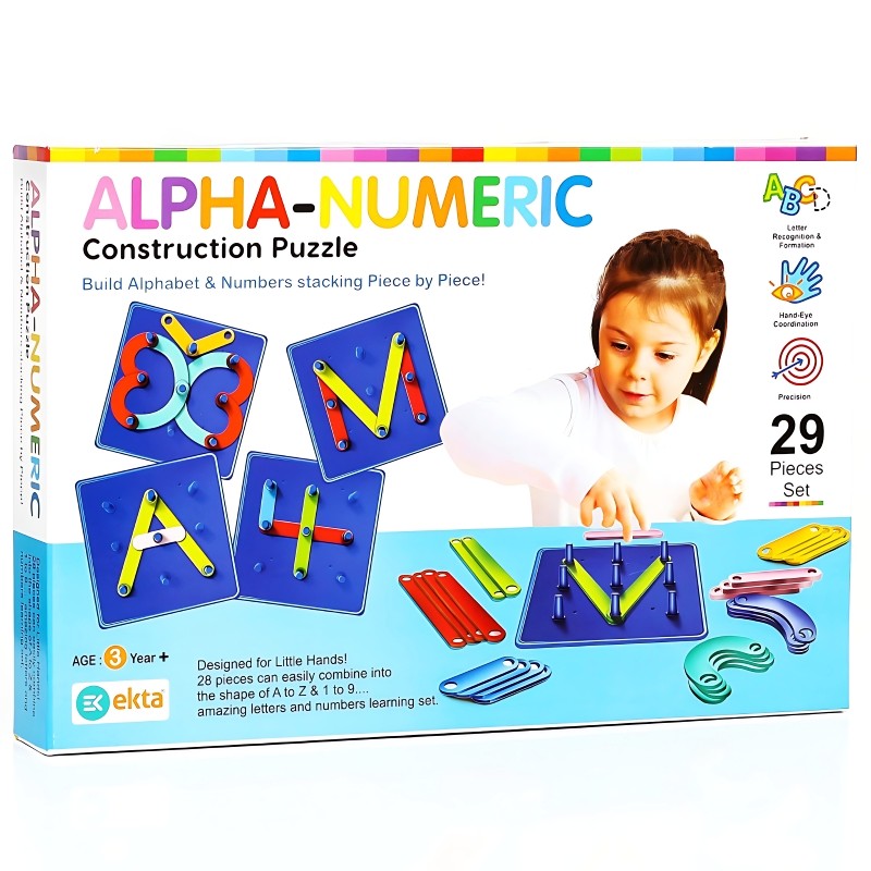 Ekta Alpha Numeric Construction Puzzle – 3D Alphabet & Number Building Set – Educational STEM Toy for Preschoolers – Improves Letter Recognition & Fine Motor Skills – Ages 3+ Years