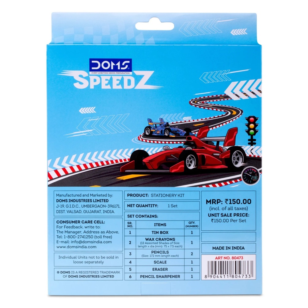 DOMS Speedz Kit Set of 6 – Premium Student Stationery Set with Metal Pencil Box, 12 Wax Crayons, 2 Pencils, Eraser, Scale & Sharpener – Perfect for School & Homework