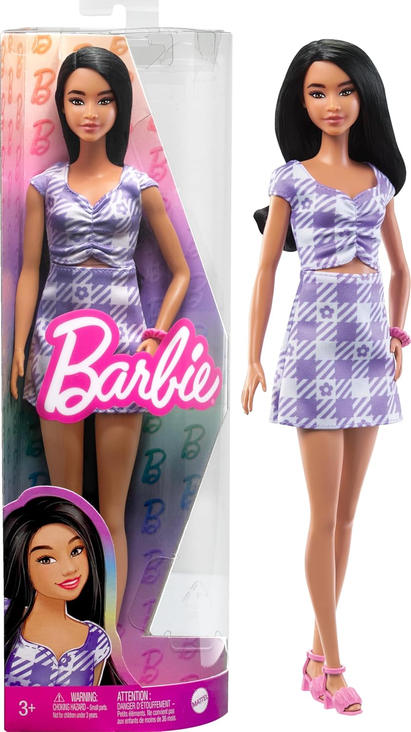 Barbie Fashionistas Doll #199 – Curvy & Tall Body Type with Wavy Black Hair – Purple & White Gingham Cut-Out Dress, Pink Sandals & Scrunchie Bracelet – Toy Gift for Kids & Collectors Ages 3+