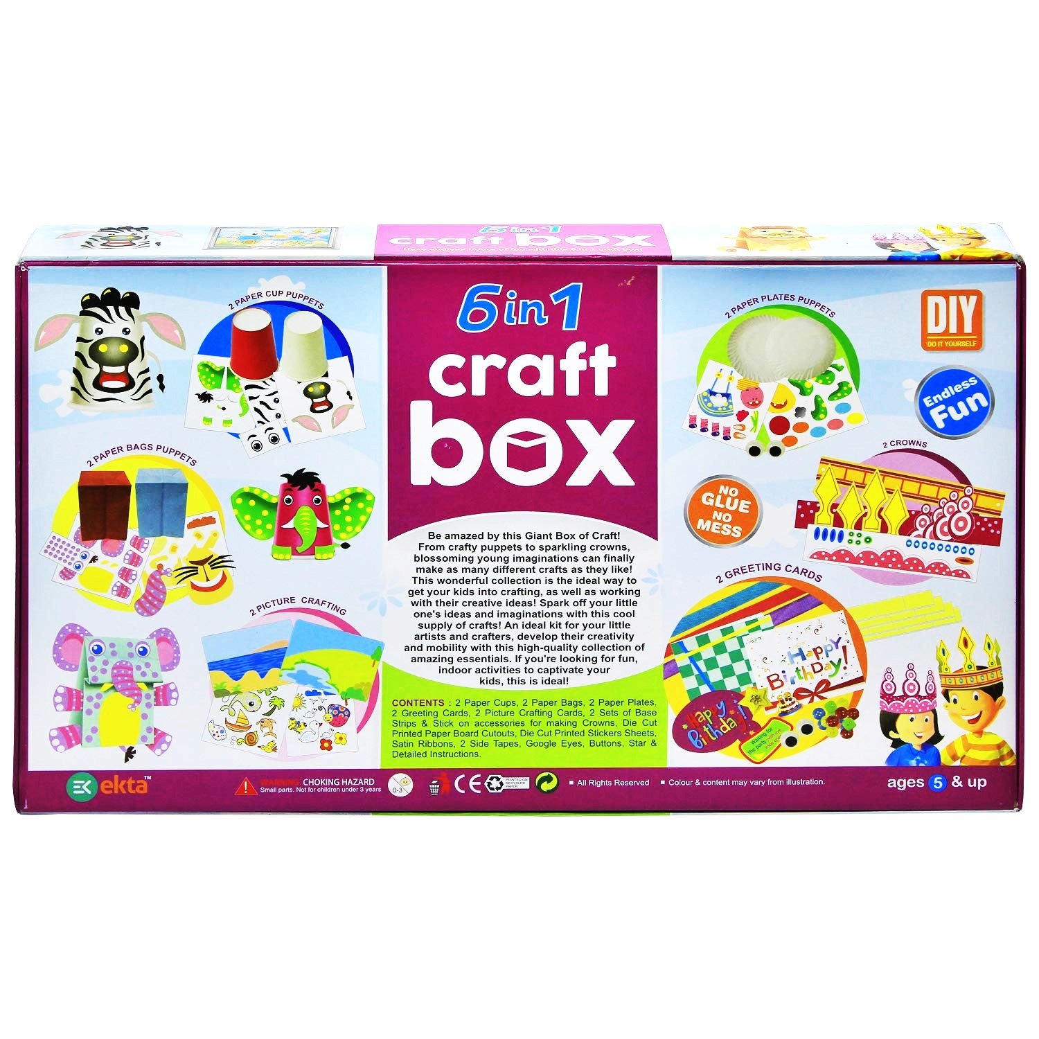 Ekta 6-in-1 DIY Craft Box for Kids – Multi-Activity Art Set Includes Paper Cup Puppets, Greeting Cards, Quilling & Wooden Stick Art – Complete Mess-Free Craft Kit for Boys & Girls Ages 5+