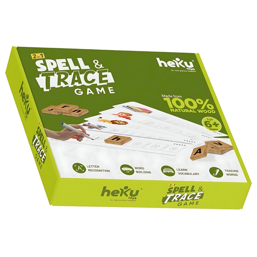 heKu 2-in-1 Wooden Spell and Trace Game – Montessori Literacy Toy for Toddlers – Alphabet Tracing Board & Spelling Set with Letter Tiles – Ages 3+ Years