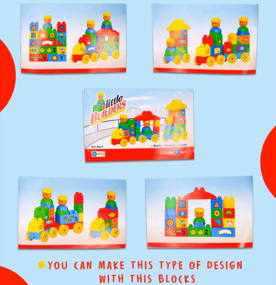 Ekta Little Builders Set 2 – 30+ Piece Building Blocks for Toddlers – Educational STEM Construction Toy with Wheels & Number Stickers – Early Learning Bricks for Kids Ages 2 to 4 Years