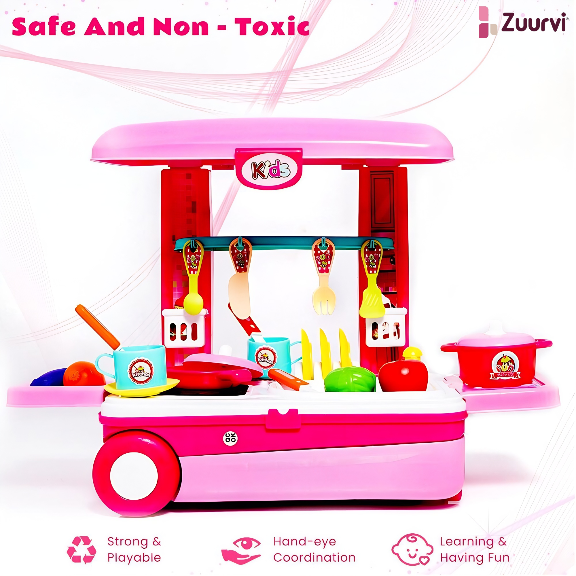Zuurvi® 2-in-1 Little Chef Kitchen Playset – Portable Suitcase & Rolling Trolley for Kids with Light & Sound – Interactive Pretend Play Cooking Set with 25+ Accessories – Pink