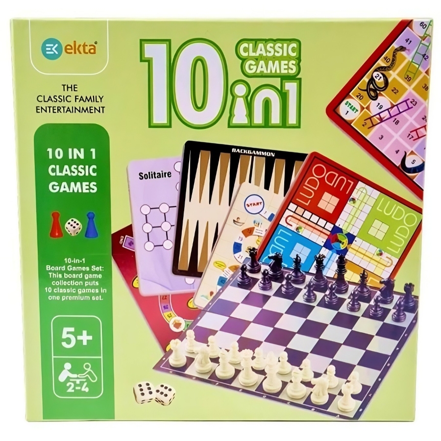 Ekta 10-in-1 Classic Family Board Games Collection – Includes Ludo, Snakes & Ladders, Chess, Chinese Checkers & More – Ultimate Indoor Strategy & Party Game Set – Gift for Kids & Adults Ages 5+