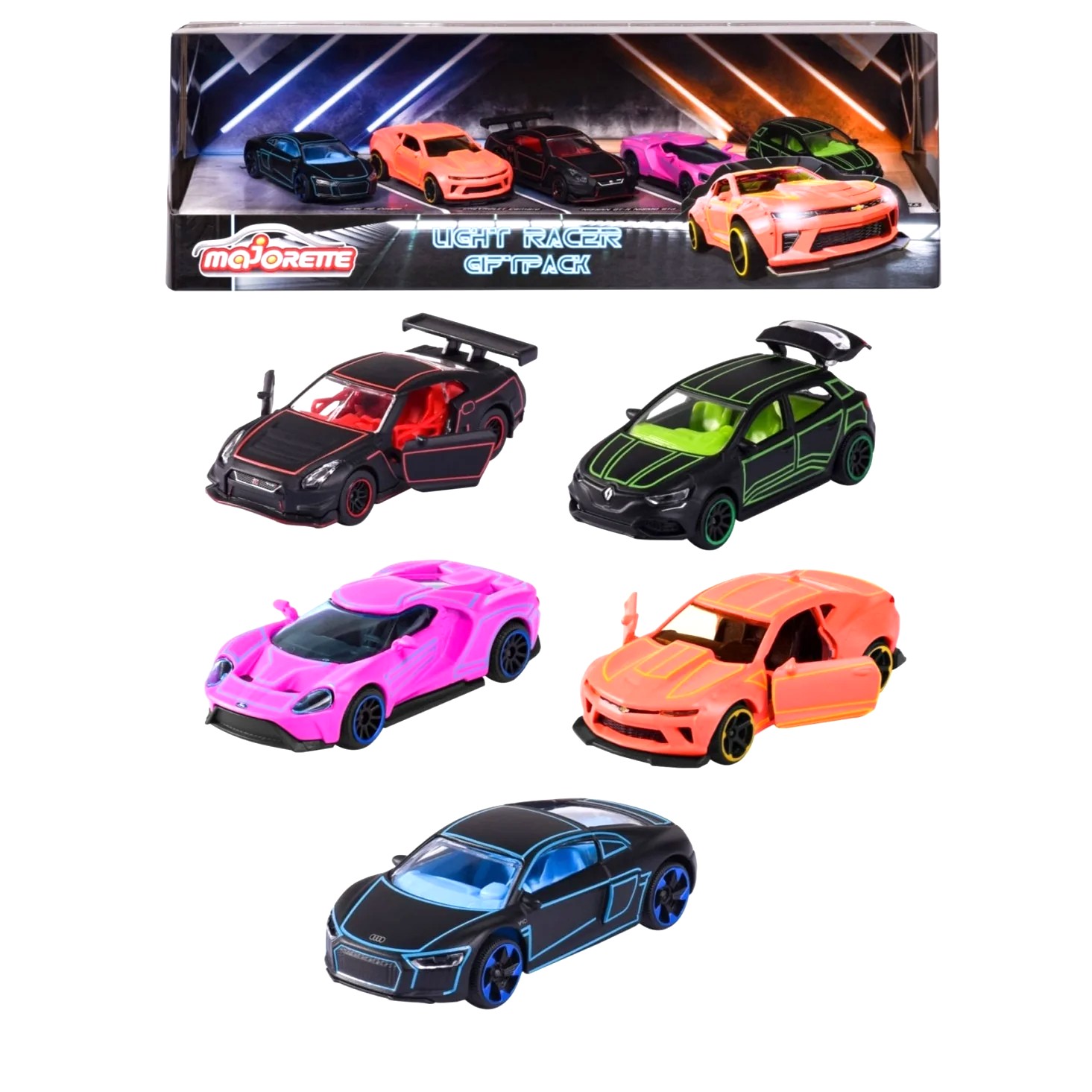 Majorette Light Racer Diecast Toy Car Gift Set (Pack of 5) – 1:64 Scale Neon Racing Models for Kids & Collectors – Official Licensed Collection