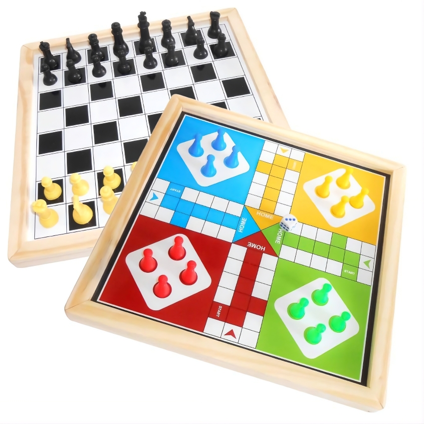 heKu 2-in-1 Magnetic Ludo & Chess Jumbo Size – Large Wooden Reversible Game Board – Premium Handcrafted Construction with Magnetic Coins & Pieces – Ages 6+ Years