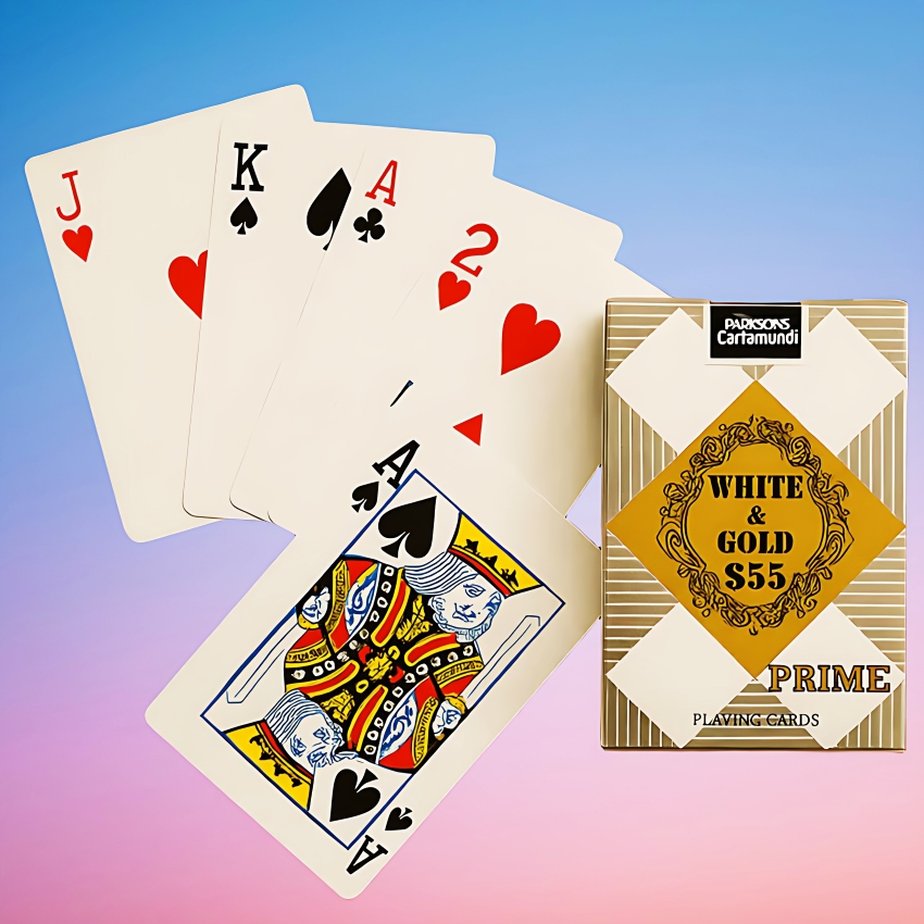 PARKSONS Cartamundi 555 Prime Playing Cards – Premium White & Gold Edition – Professional Deck for Poker, Magic & Rummy – Luxury Bridge Size Cards – 55 Cards