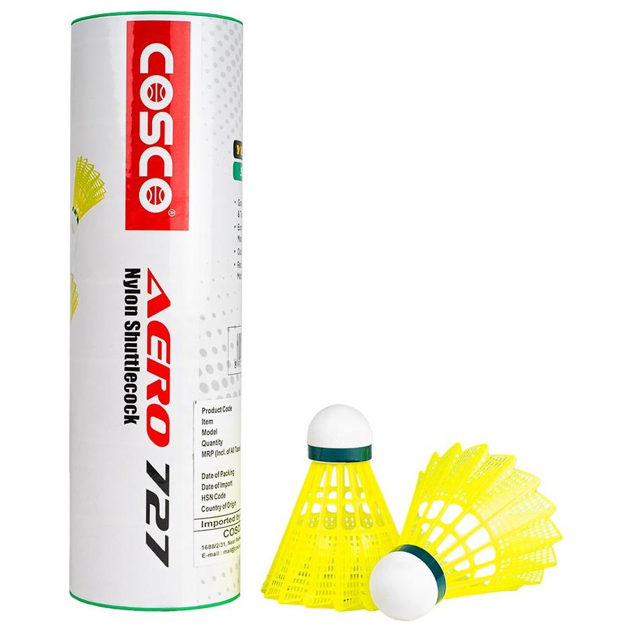 Cosco Aero 727 Badminton Shuttlecock – Highly Durable Nylon Skirt with Excellent Sensitivity & Touch – Consistent Flight Trajectory for Junior & Senior Training – Yellow – Tube of 6