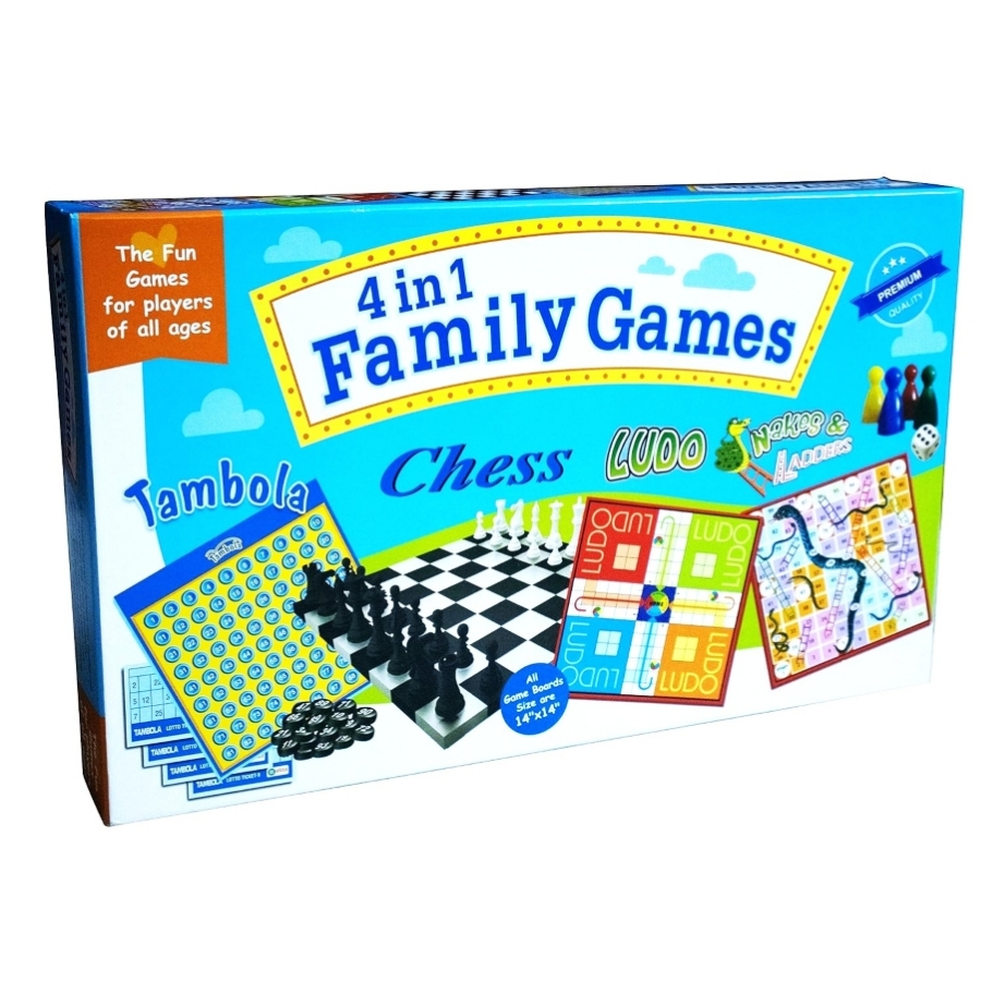 Ekta 4-in-1 Family Board Games Set - Includes Classic Chess, Traditional Ludo, Snakes & Ladders, and Tambola - Ultimate Indoor Family Game Night Collection - Premium Gift Set for All Ages