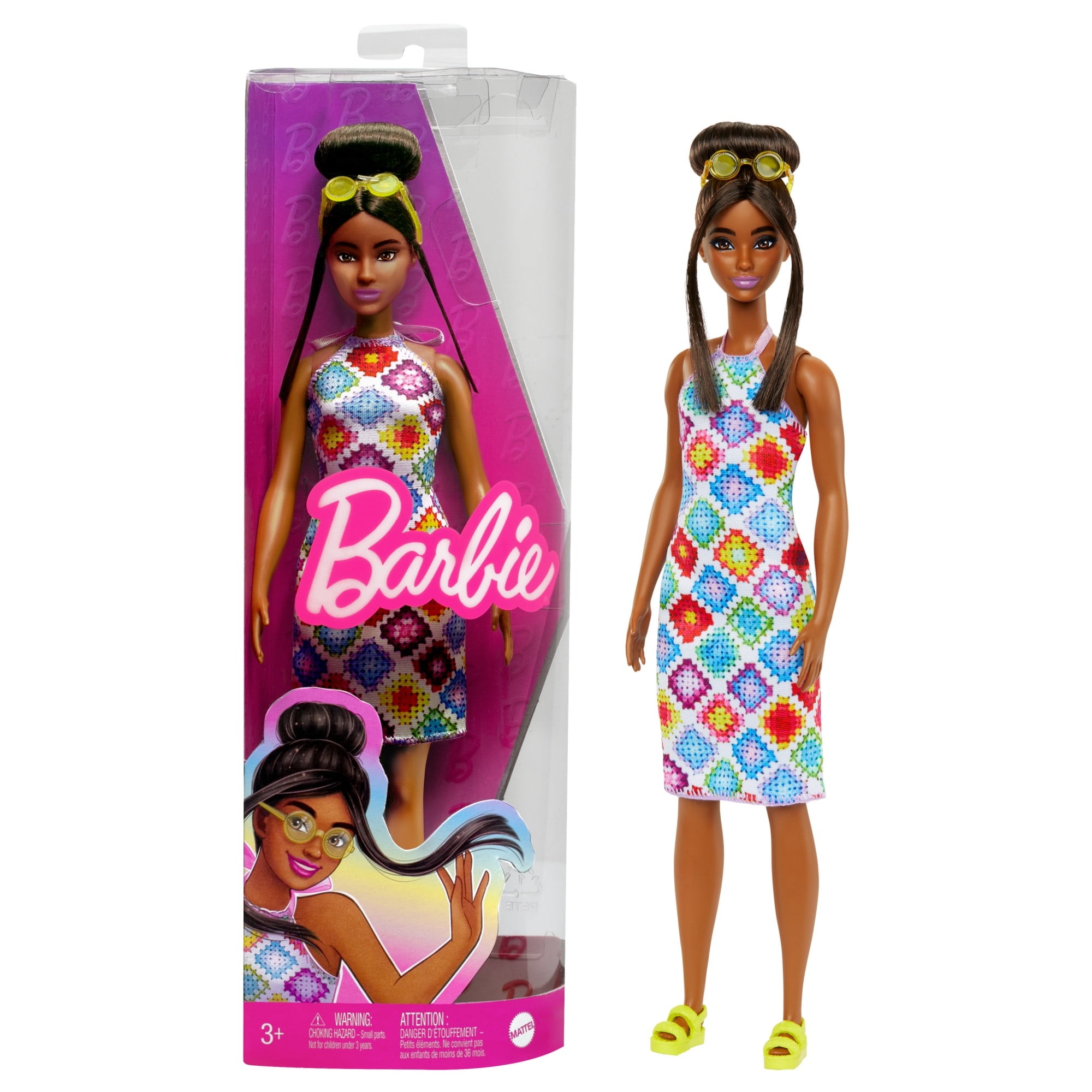 Barbie Fashionistas #210 Doll - Straight Hair in Top-Knot Bun wearing Multi-Color Crochet Dress - 12-Inch Stylish Barbie Toy
