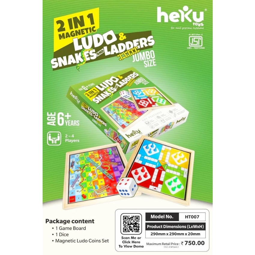 heKu 2-in-1 Magnetic Ludo & Snakes and Ladders Board Game – Handcrafted Wooden Travel Set – Double-Sided Magnetic Game Board with Coins & Dice – Ages 6+ Years