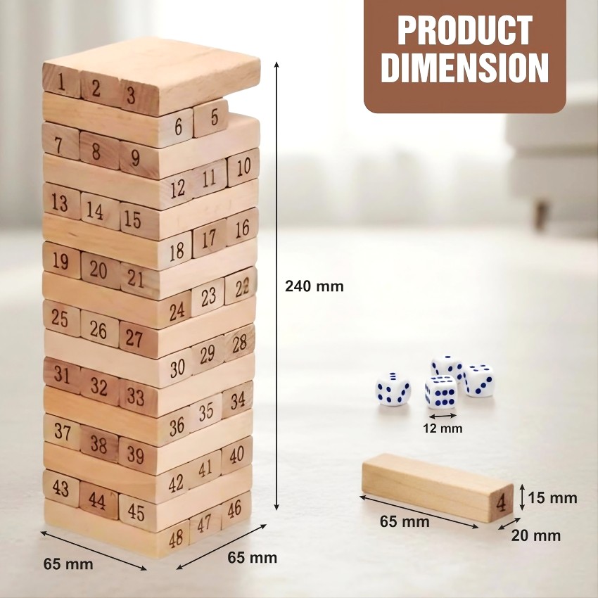 heKu Wooden Block Master 48 PCS – Classic Stacking Tower & Tumbling Game – Premium Handcrafted Wooden Building Blocks for Kids & Adults – Strategy & Skill Toy – Ages 3+