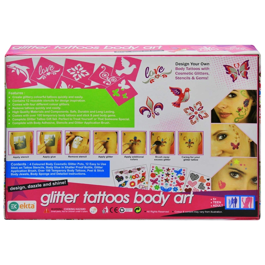 Ekta Glitter Tattoo Body Art Kit for Kids – Create 100+ Professional Temporary Tattoos – Skin-Safe DIY Fashion Craft Set with Sparkling Glitter & Stencils – Ideal Party Activity for Girls Ages 6+