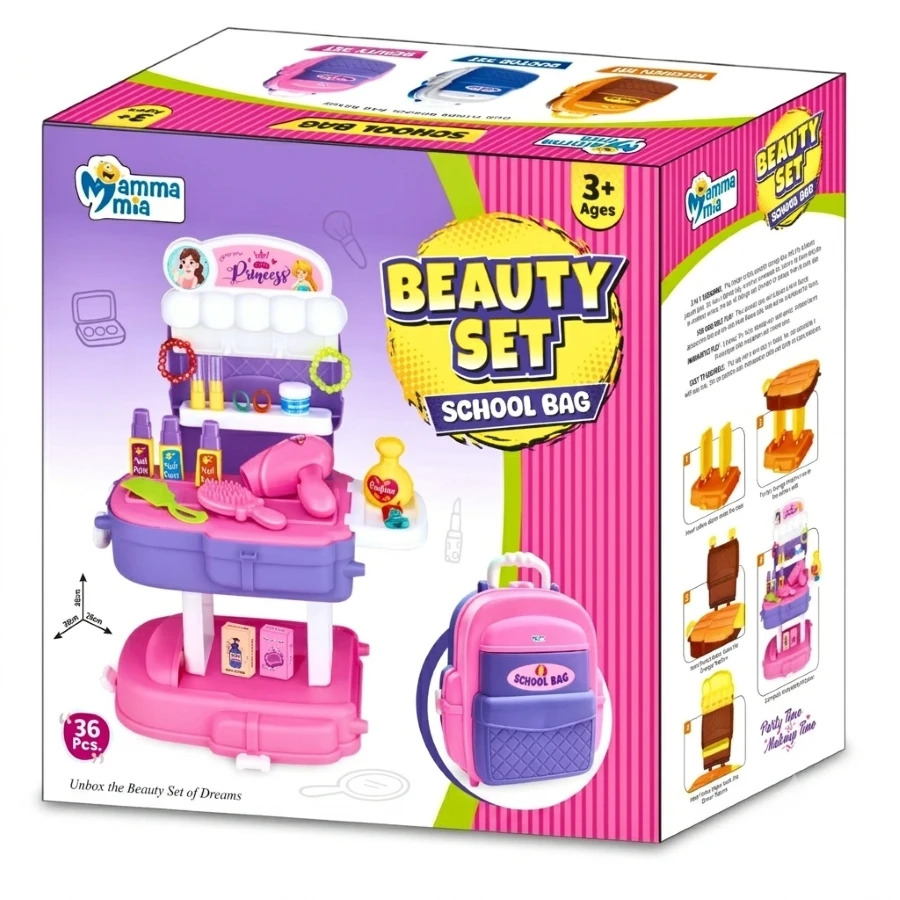 Mamma Mia 36 Pcs Beauty Set School Bag Toy – Kids Convertible Pretend Makeup Backpack in Pink & Purple (Ages 3+)