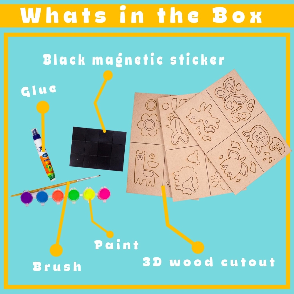Ekta Make & Paint 3D Wooden Magnets DIY Craft Kit – Complete Arts & Crafts Set for Kids – Includes Wooden Shapes, Paints & Magnets – Creative STEM Activity for Boys & Girls Ages 5+